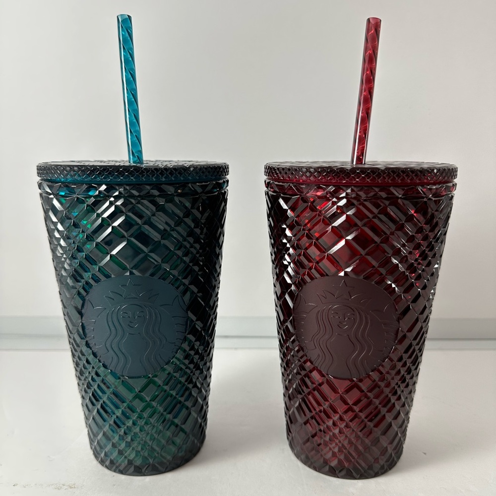 2 Starbucks Holiday Jeweled Cold Cups Blue Green & Red Merlot Grande 16 oz